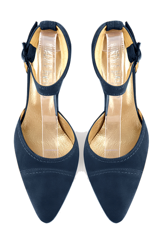 Navy blue women's open side shoes, with a strap around the ankle. Tapered toe. High wedge heels. Top view - Florence KOOIJMAN